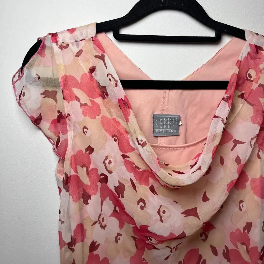 Y2K‎ Cowl Neck Flutter Sleeve Top Pink Floral Sz 8 Cottage Fairy Romantic Office